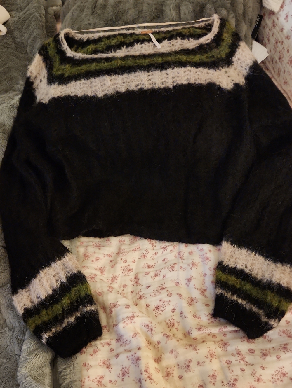 Free People Black Fuzzy Crewneck Sweater with Olive and Cream Stripes